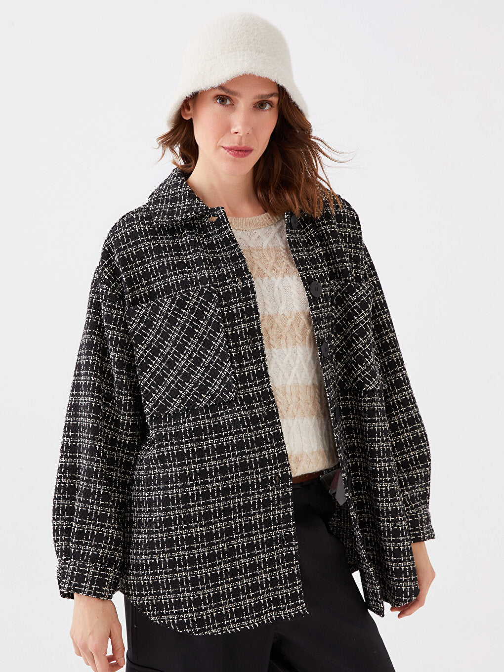 Plaid Long Sleeve Oversize Women's Tweed Shirt Jacket