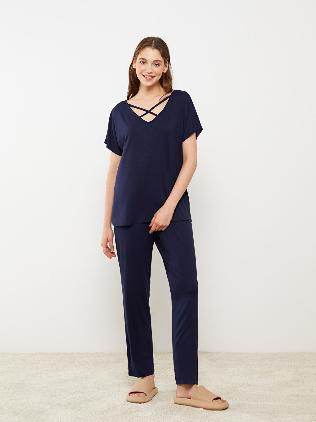 V-Neck Plain Short Sleeve Women's Pajama Set