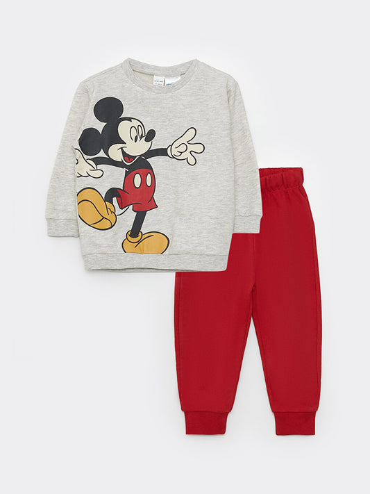 Crew Neck Long Sleeve Mickey Mouse Printed Baby Boy Sweatshirt and Trousers 2-Piece Set