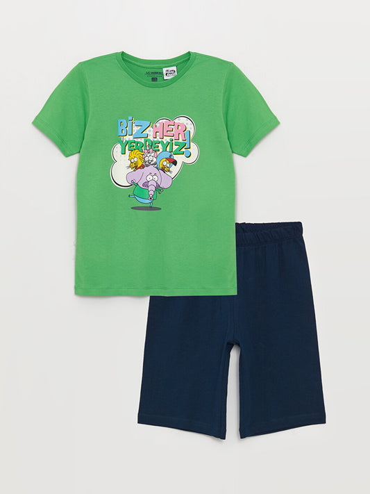 Crew Neck Kral Şakir Printed Short Sleeve Boy's Pajama Set with Shorts