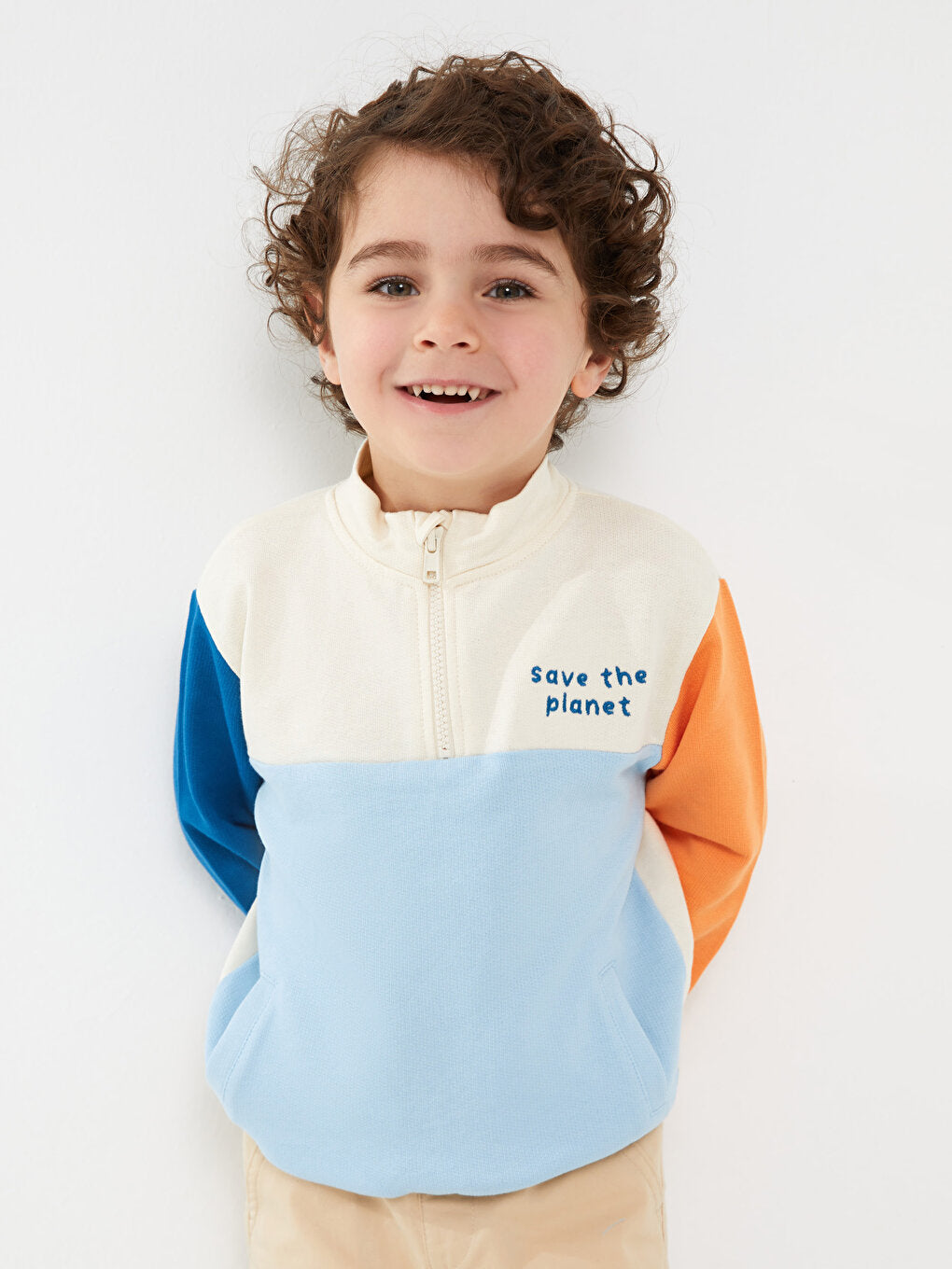 High Collar Long Sleeve Color Block Baby Boy Sweatshirt