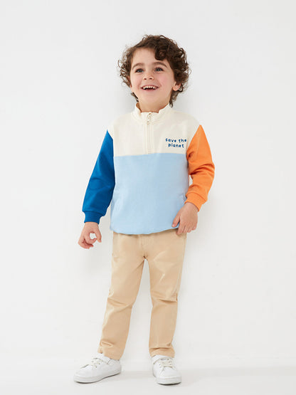 High Collar Long Sleeve Color Block Baby Boy Sweatshirt