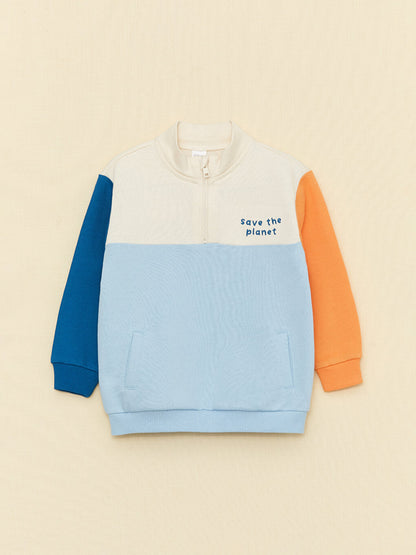 High Collar Long Sleeve Color Block Baby Boy Sweatshirt