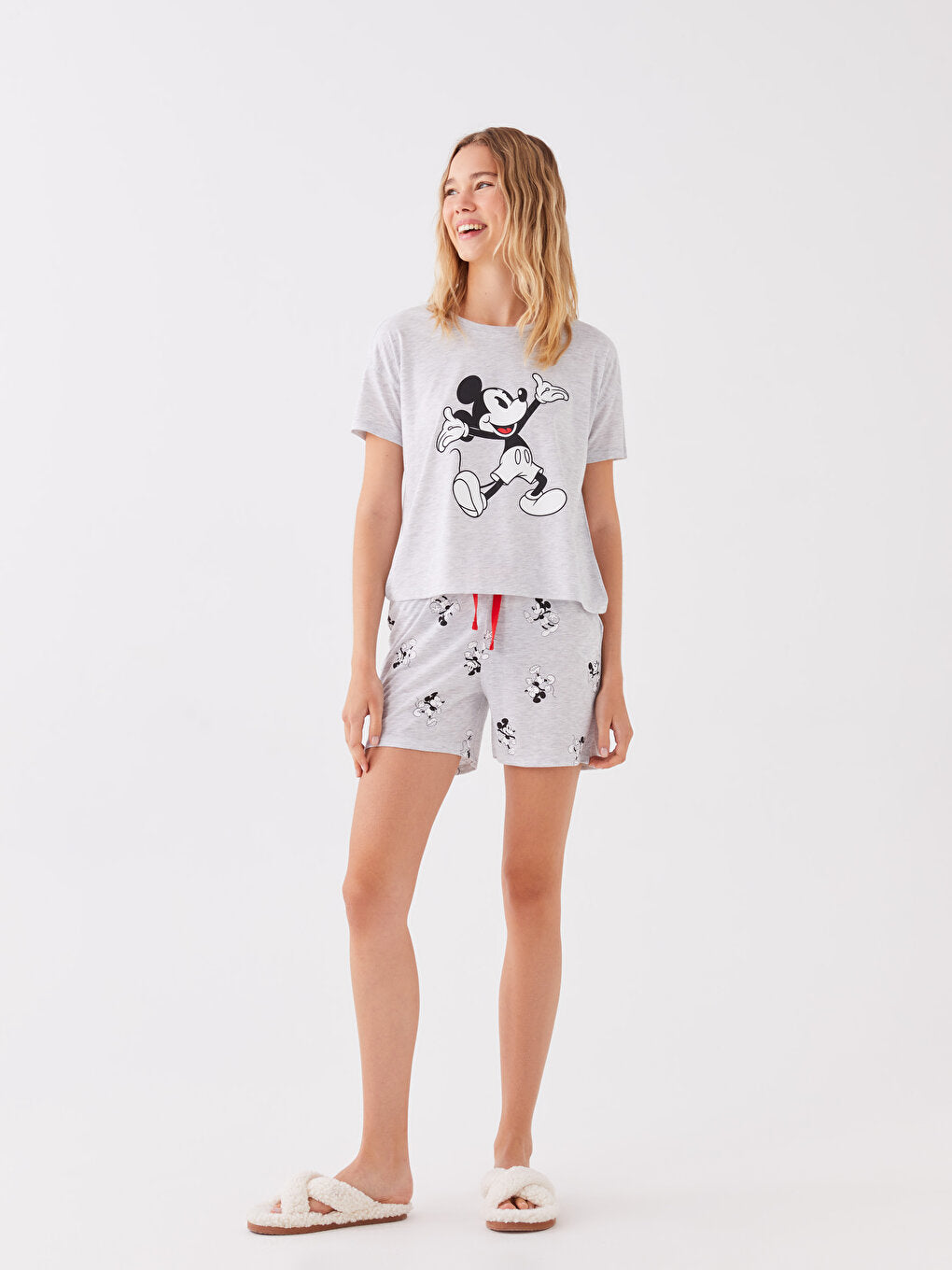 Crew Neck Mickey Mouse Printed Short Sleeve Women's Pajama Set with Shorts