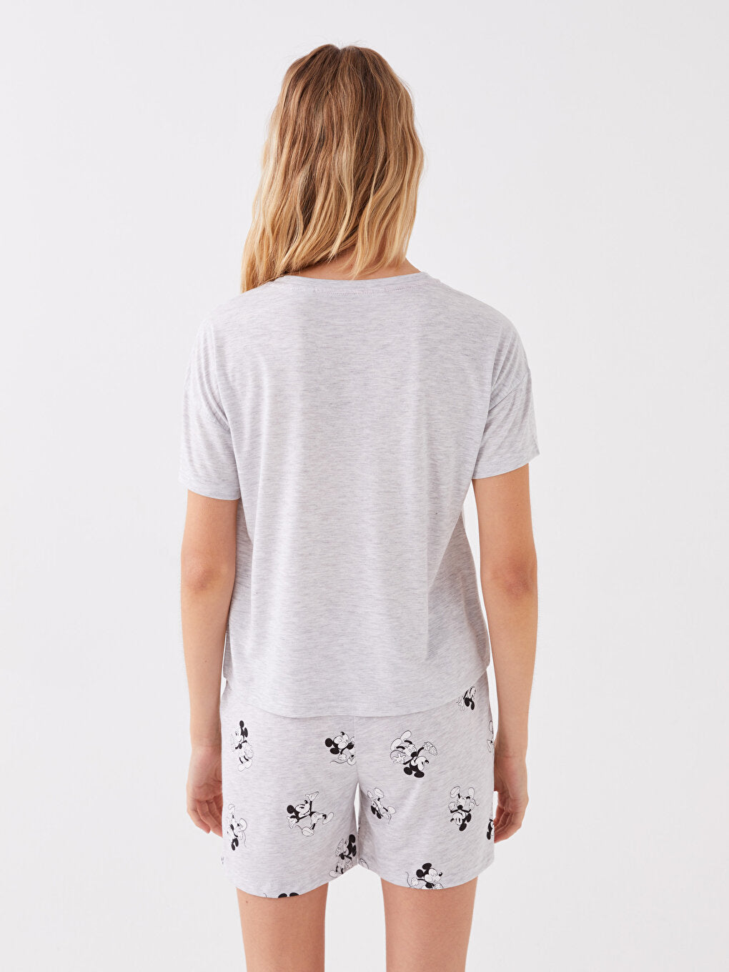 Crew Neck Mickey Mouse Printed Short Sleeve Women's Pajama Set with Shorts