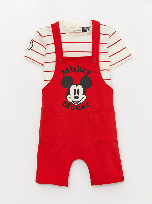 Crew Neck Short Sleeve Mickey Mouse Embroidered Baby Boy T-Shirt and Slings