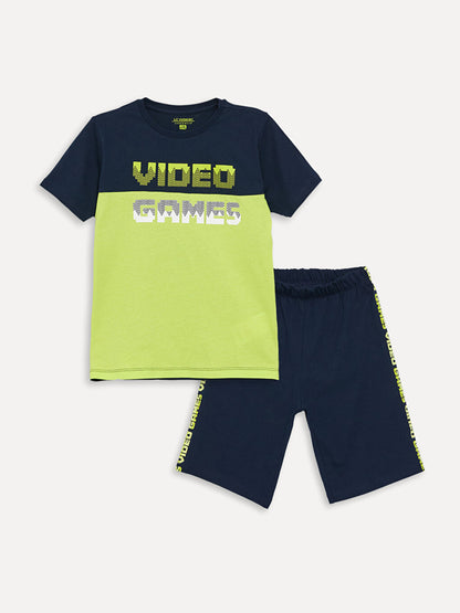 Crew Neck Printed Short Sleeve Boy's Pajama Set with Shorts