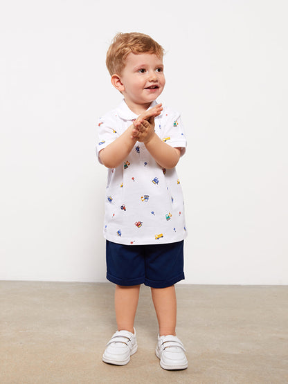 Polo Neck Short Sleeve Patterned Baby Boy T-Shirt and Shorts Set of 2