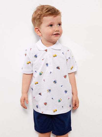 Polo Neck Short Sleeve Patterned Baby Boy T-Shirt and Shorts Set of 2