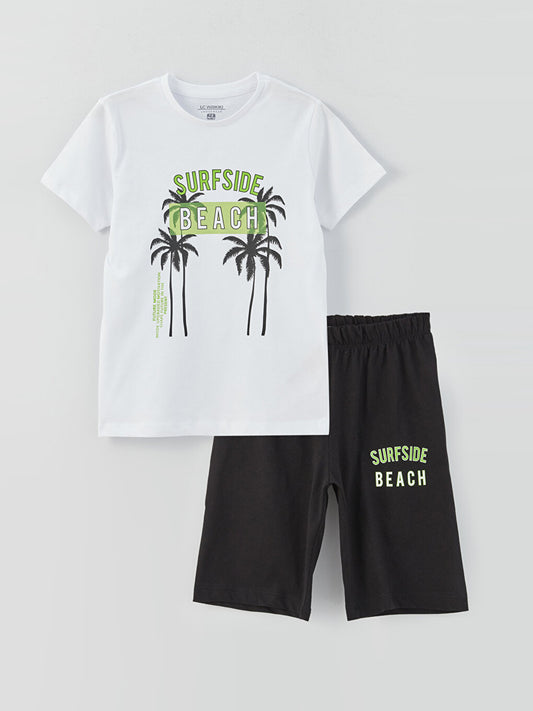 Crew Neck Printed Short Sleeve Boy's Pajama Set with Shorts