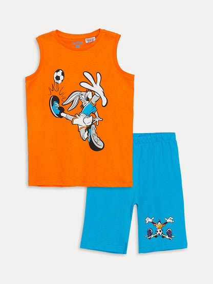 Crew Neck Looney Tunes Printed Boy's Pajama Set with Shorts