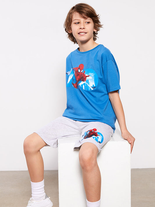 Crew Neck Spiderman Printed Short Sleeve Boy's Pajama Set with Shorts