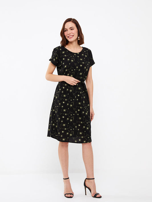 Crew Neck Patterned Short Sleeve A-Line Women's Dress