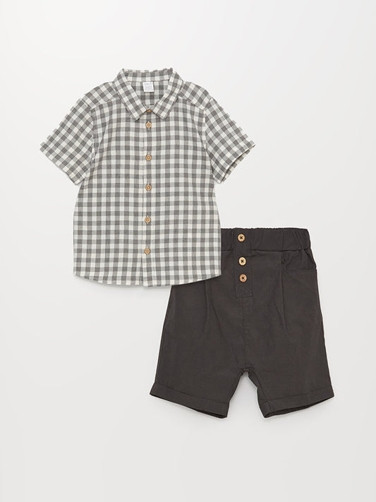 Short Sleeve Plaid Patterned Baby Boy Shirt and Trousers Set of 2