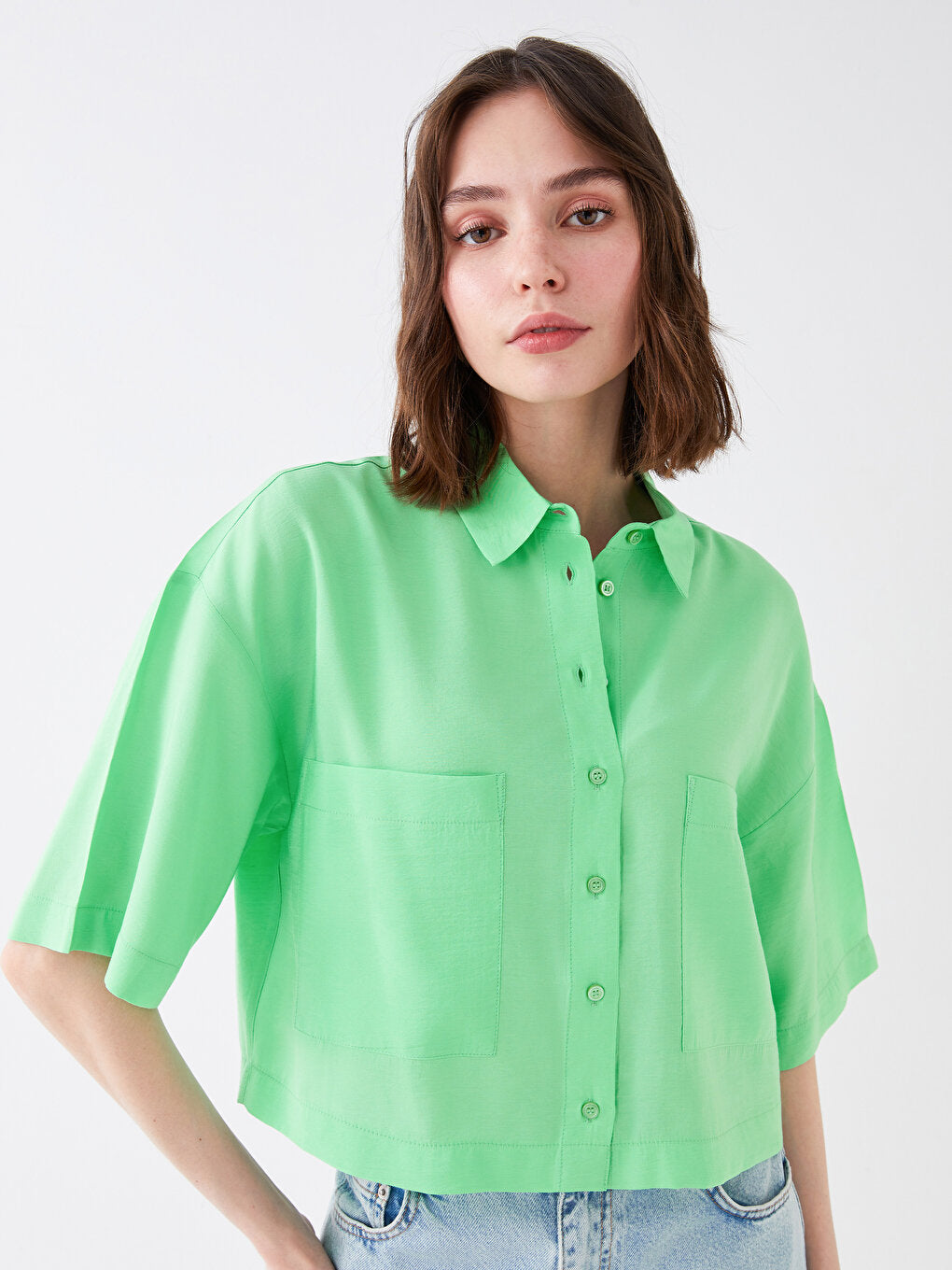 Short Sleeve Women's Crop Shirt with Pocket Detail