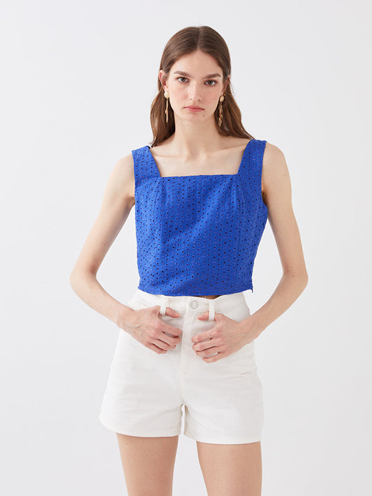 Square Neck Self Patterned Embroidery Crop Women's Blouse