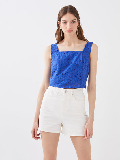 Square Neck Self Patterned Embroidery Crop Women's Blouse