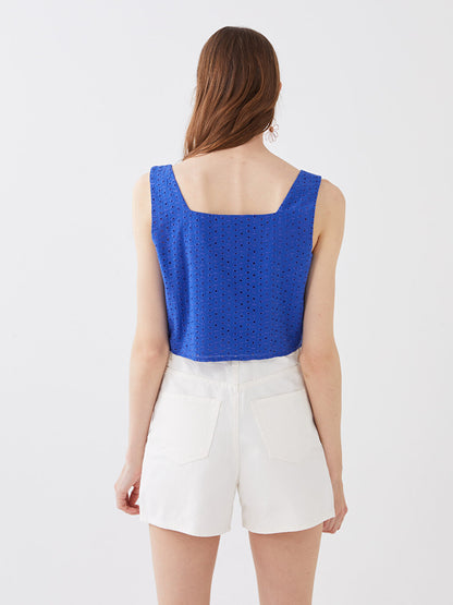 Square Neck Self Patterned Embroidery Crop Women's Blouse