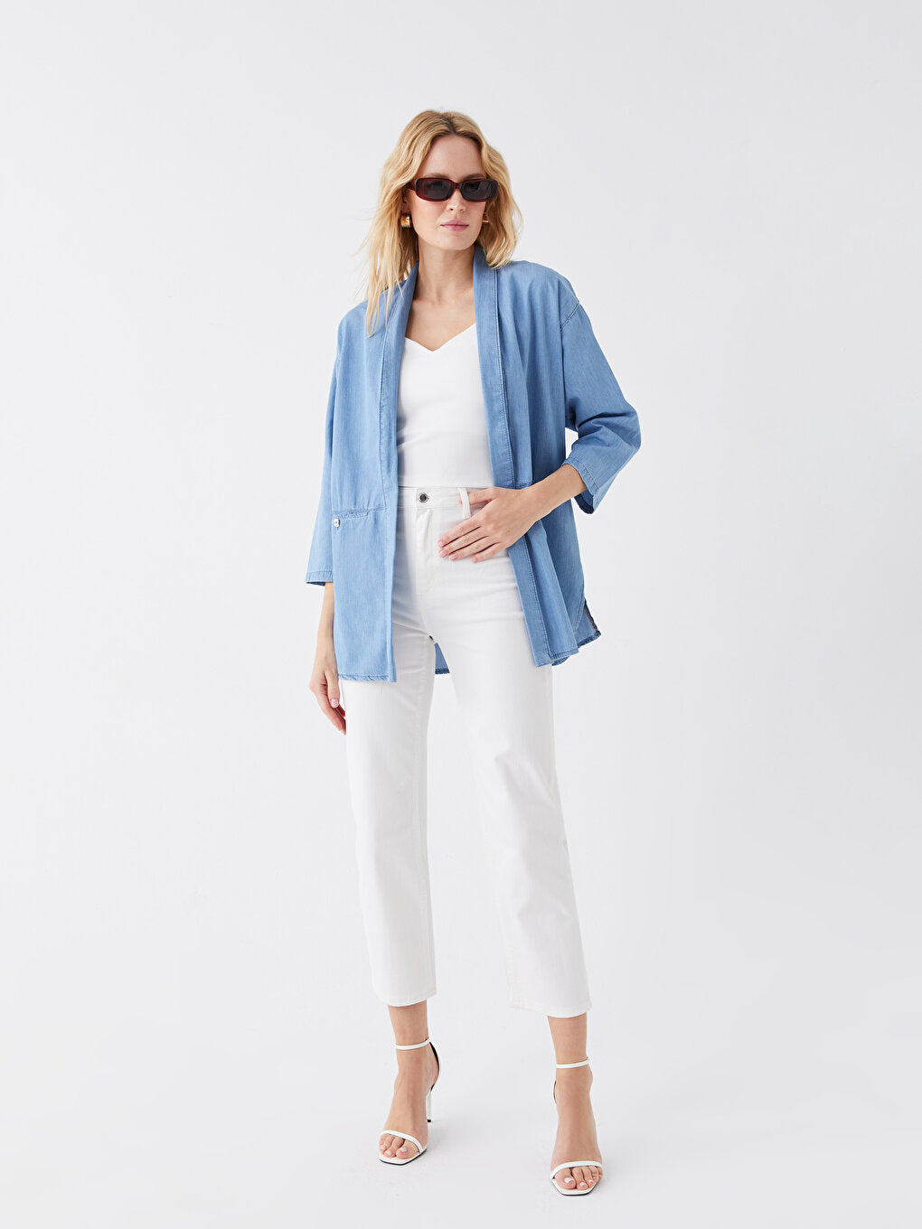 Shawl Collar Plain Long Sleeve Women's Jean Tunic