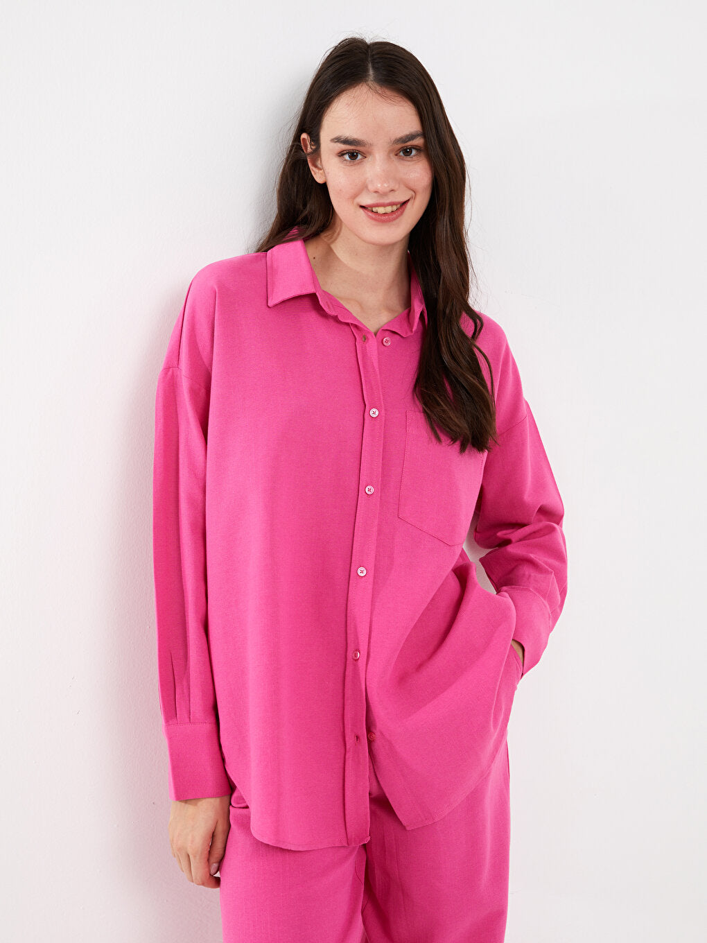 Plain Long Sleeve Oversize Linen Blend Women's Shirt