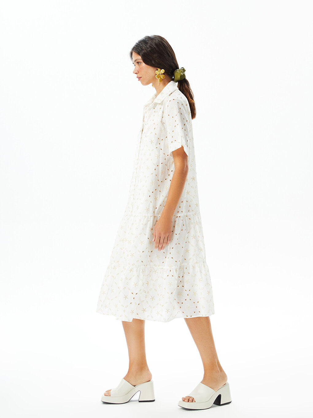 Patterned Short Sleeve Embroidery Women's Shirt Dress