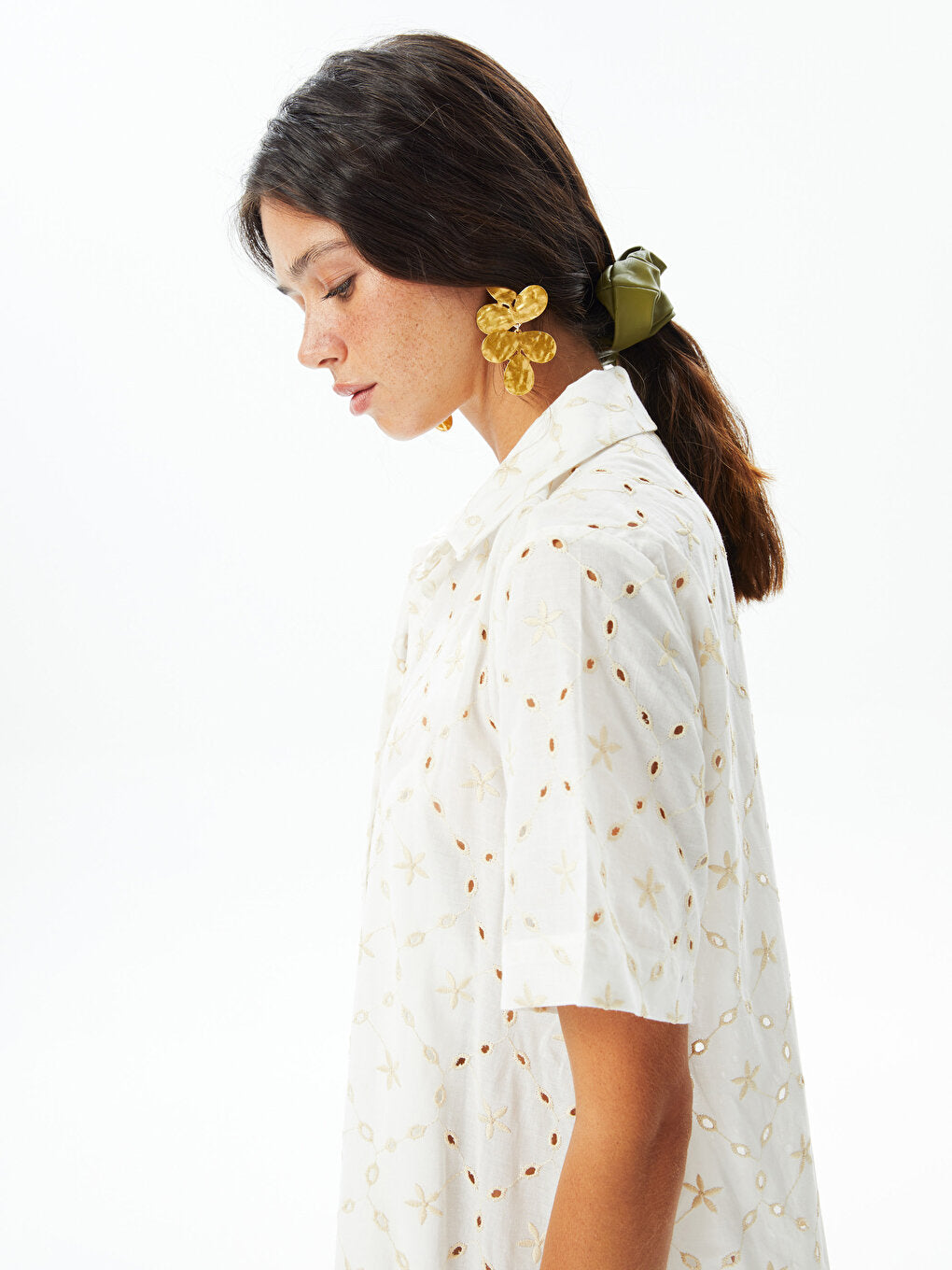 Patterned Short Sleeve Embroidery Women's Shirt Dress