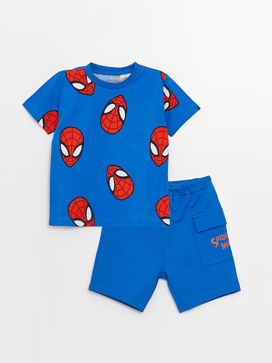 Crew Neck Short Sleeve Spiderman Printed Baby Boy T-Shirt and Shorts 2-pack