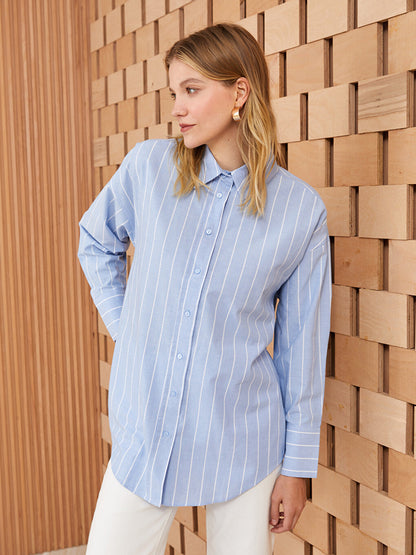 Striped Long Sleeve Oversize Poplin Women's Shirt Tunic