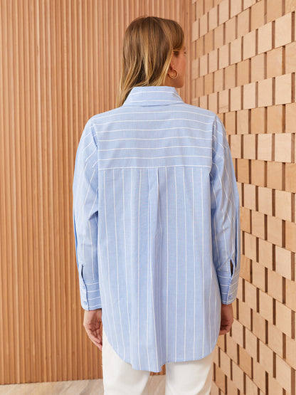 Striped Long Sleeve Oversize Poplin Women's Shirt Tunic