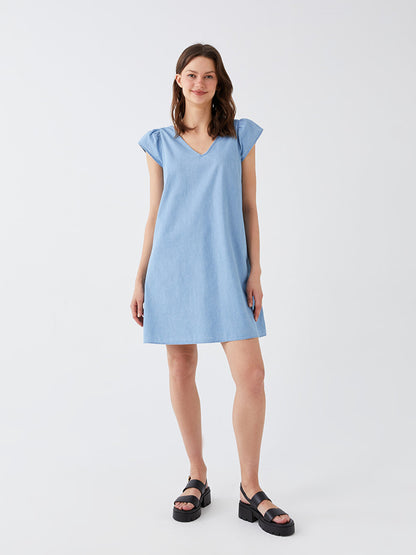 V-Neck Straight Short Sleeve Women's Jean Dress