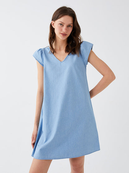 V-Neck Straight Short Sleeve Women's Jean Dress