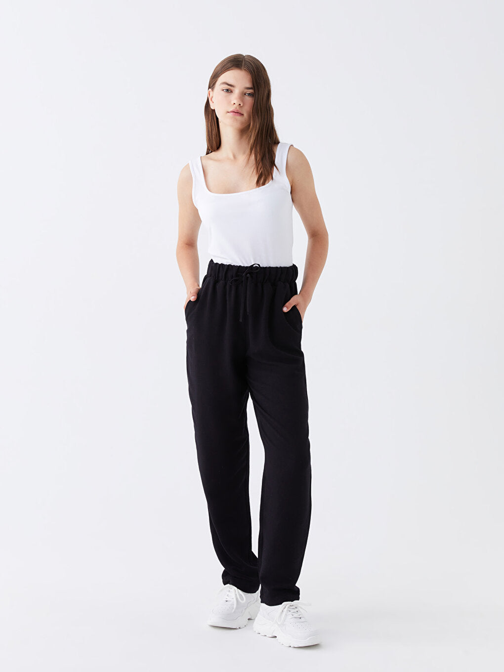 Plain Linen Blend Women's Trousers with Elastic Waist