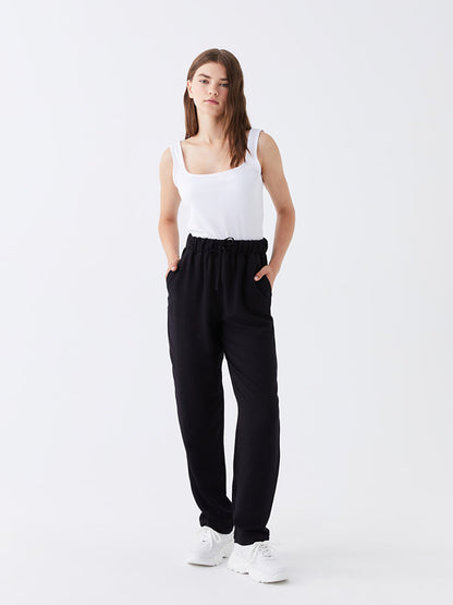 Plain Linen Blend Women's Trousers with Elastic Waist