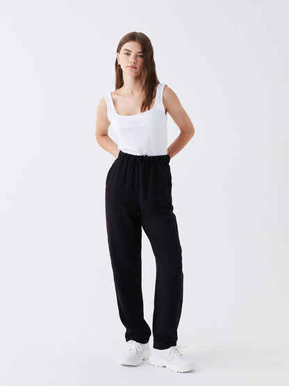 Plain Linen Blend Women's Trousers with Elastic Waist