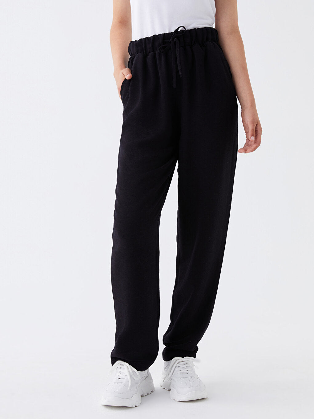 Plain Linen Blend Women's Trousers with Elastic Waist