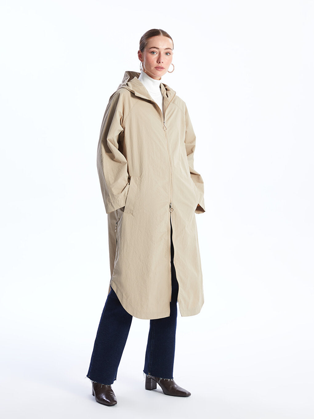 Hooded Plain Oversize Women's Trench Coat