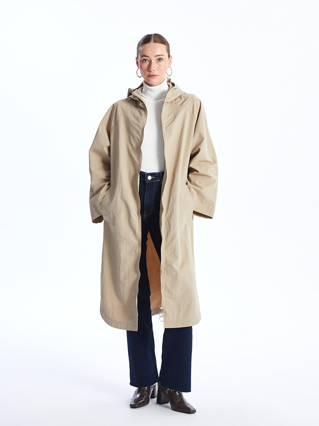 Hooded Plain Oversize Women's Trench Coat