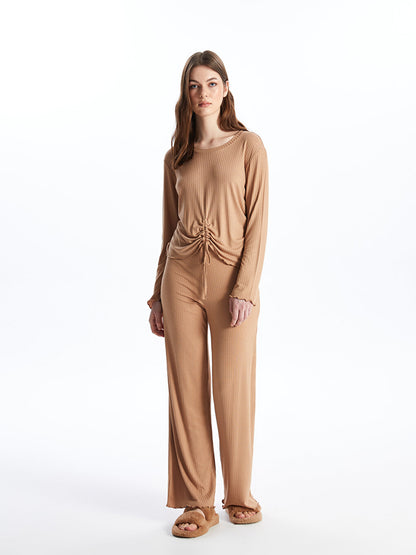 Crew Neck Plain Long Sleeve Women's Pajama Set