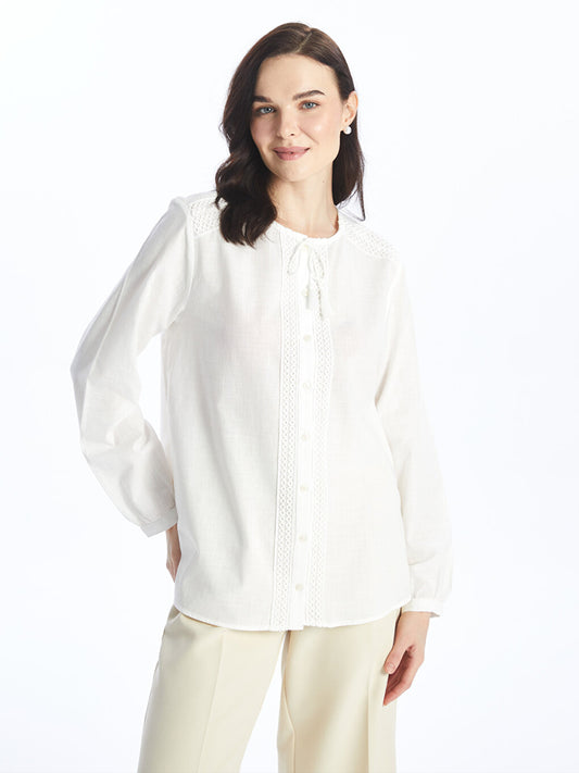 Tie Collar Embroidered Long Sleeve Women's Blouse