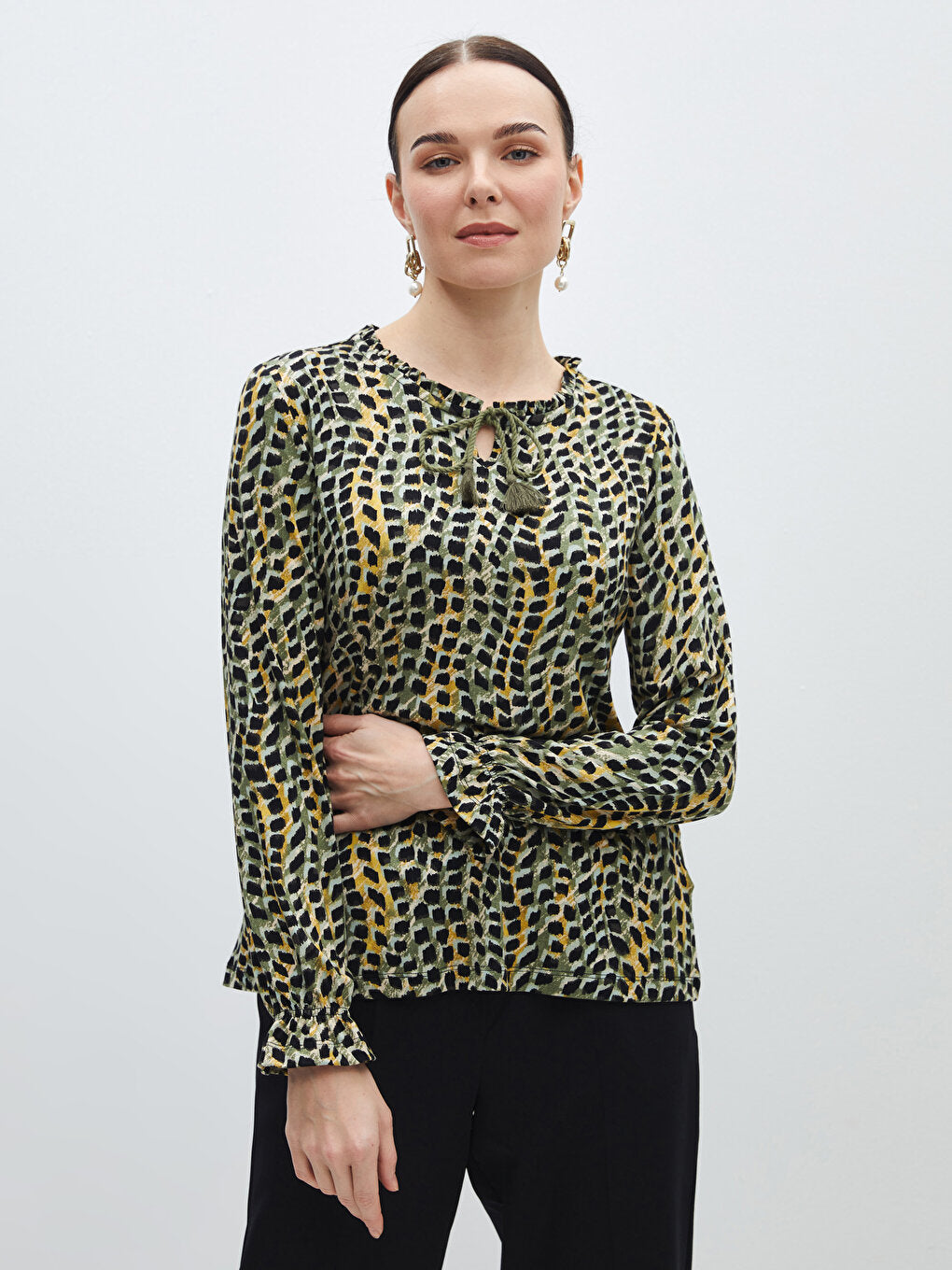 Tie Collar Patterned Long Sleeve Women's Blouse