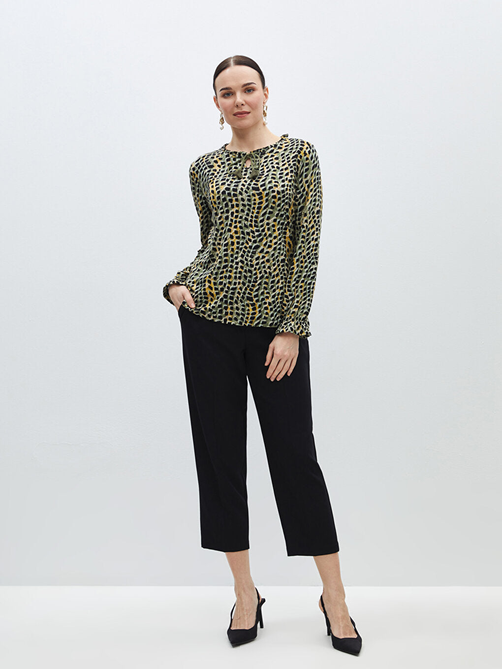 Tie Collar Patterned Long Sleeve Women's Blouse