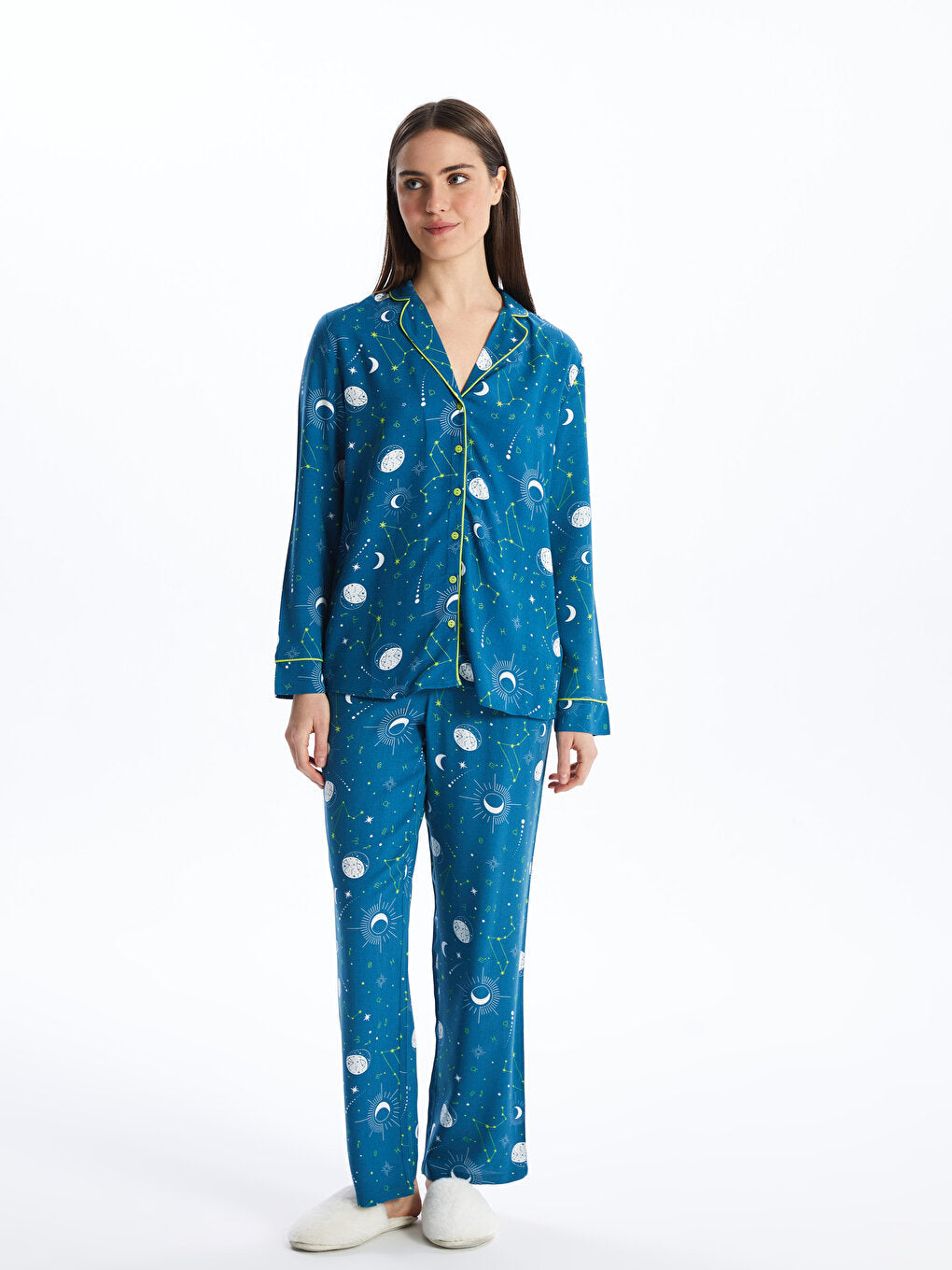 Shirt Collar Printed Long Sleeve Women's Pajama Set