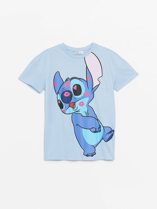 Crew Neck Lilo and Stitch Printed Short Sleeve Girls' T-Shirt