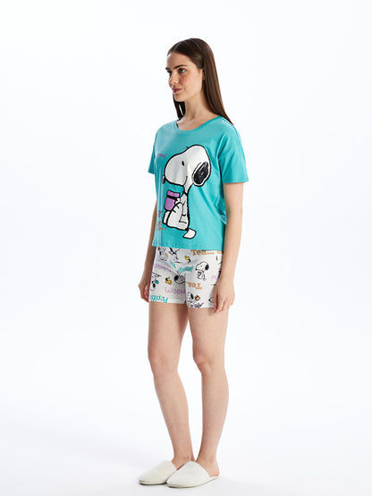 Crew Neck Snoopy Printed Short Sleeve Women's Pajama Set with Shorts