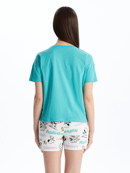 Crew Neck Snoopy Printed Short Sleeve Women's Pajama Set with Shorts