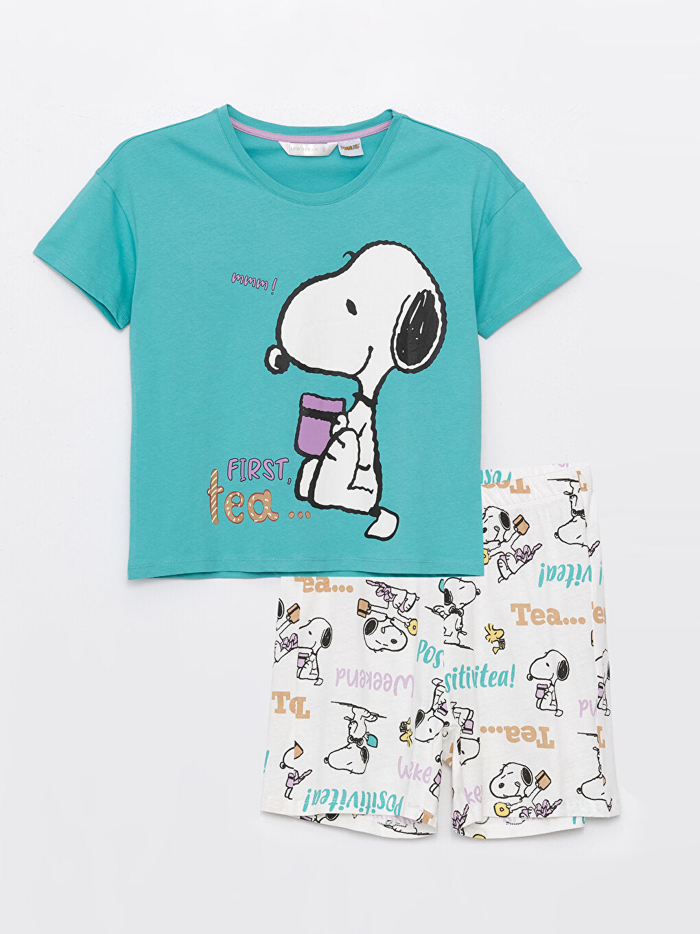 Crew Neck Snoopy Printed Short Sleeve Women's Pajama Set with Shorts