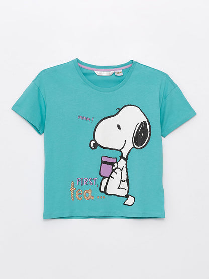 Crew Neck Snoopy Printed Short Sleeve Women's Pajama Set with Shorts