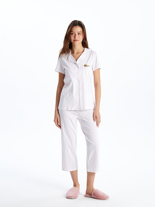 Shirt Collar Striped Short Sleeve Women's Capri Pajama Set