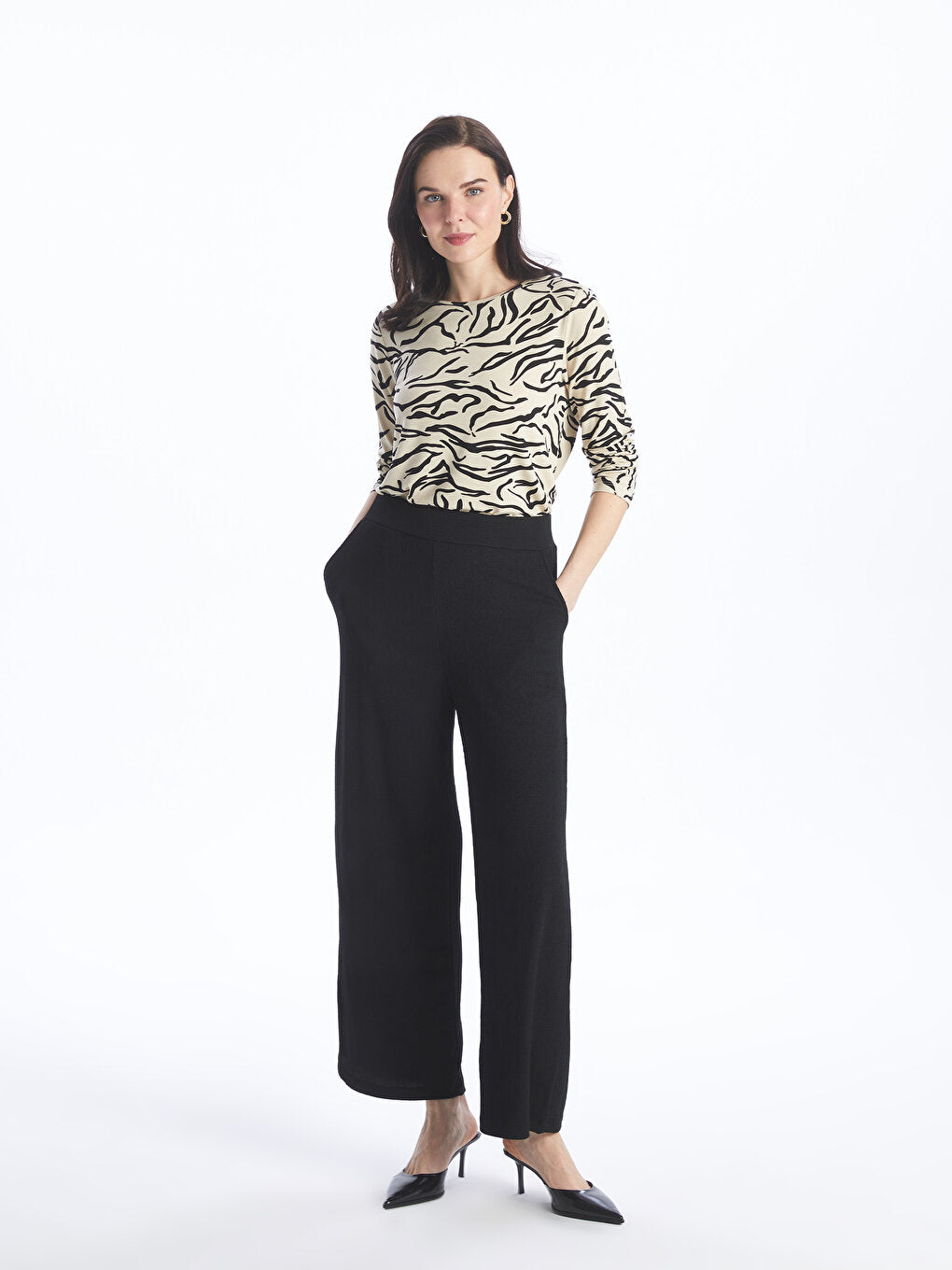 Straight Wide Leg Women's Trousers with Elastic Waist