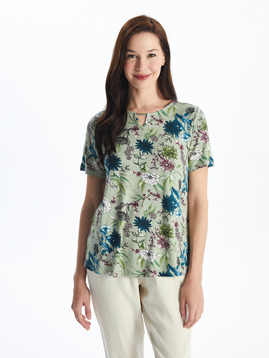 Crew Neck Floral Short Sleeve Women's Blouse